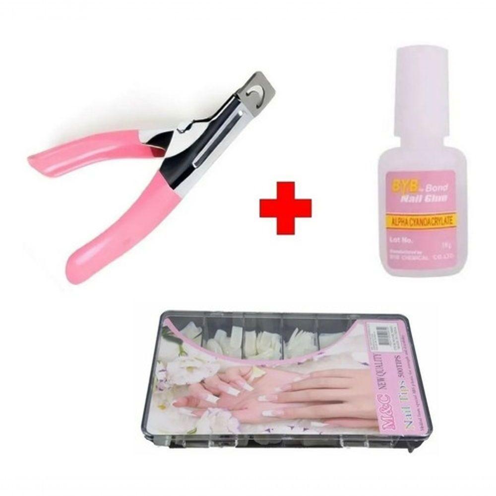 Cola P Unhas Postiças + Kit 100 Unhas Tips Sorriso + Alicate - 5
