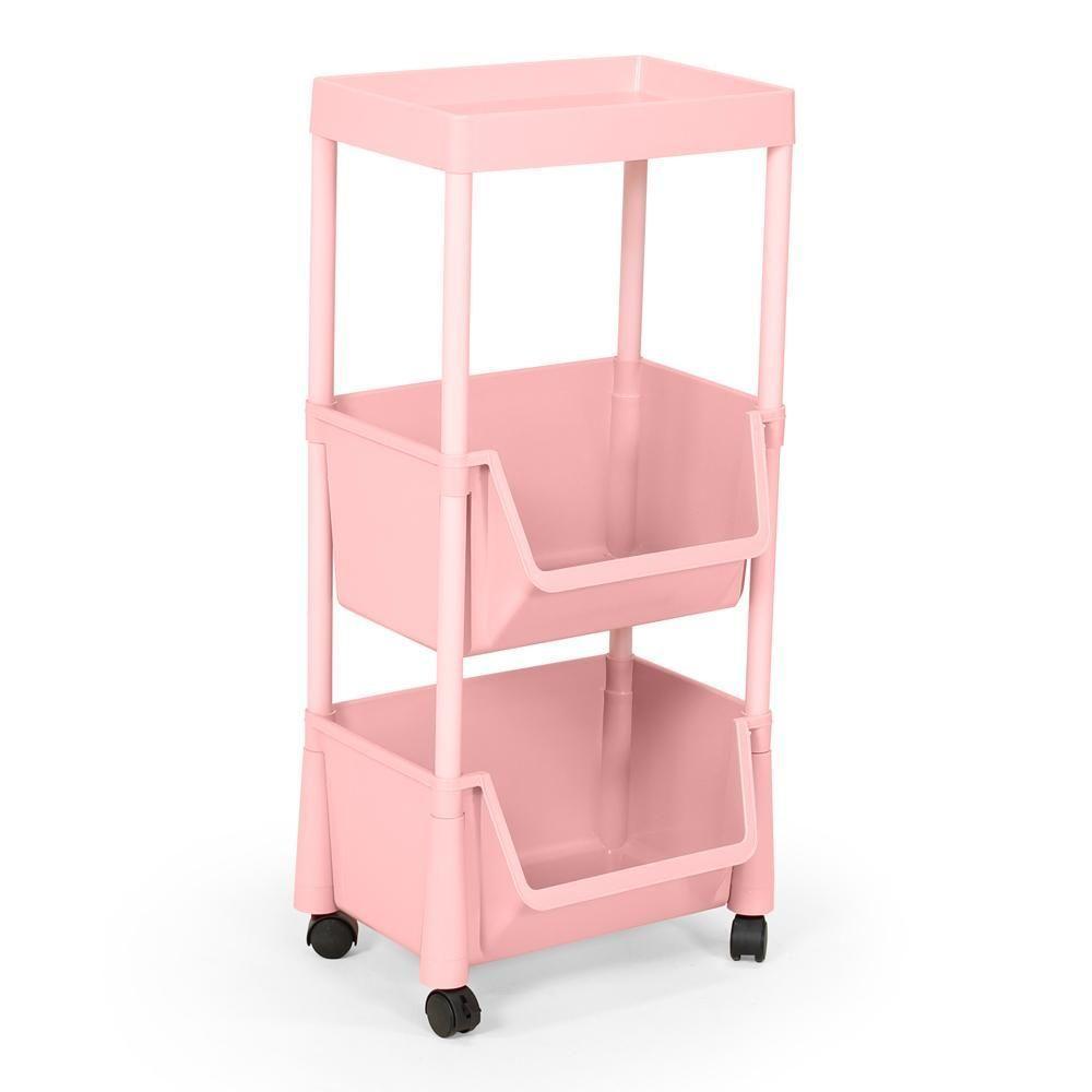 Carrinho Multiuso Prático 3 Prateleiras Em Plástico Com Rodízio - Rosa - 1