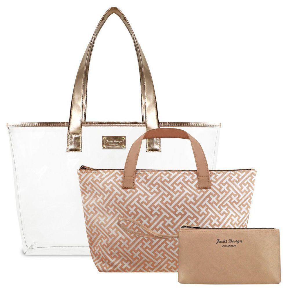 Bolsa Transparente Com 3 Peças Diamantes Jacki Design Dourado - 3