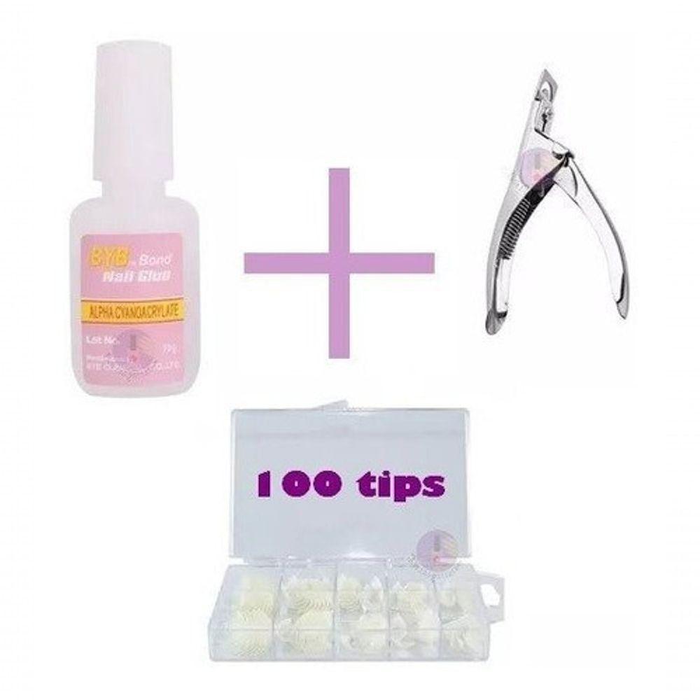Kit Cola Unhas Postiças Alicate 100 Unhas Tips Acrigel Gel - 1