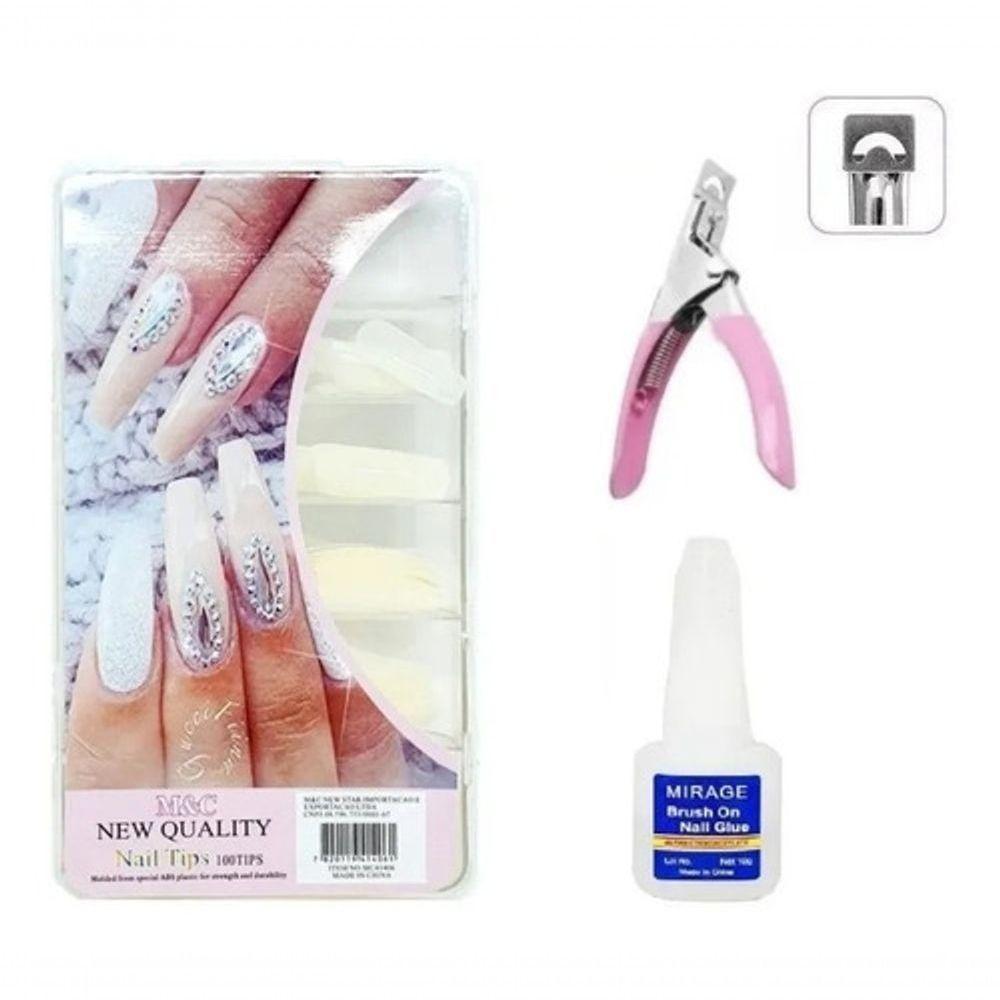 100 Bailarinas Unhas Postiças Cola E Alicate Cortador Tips - 1