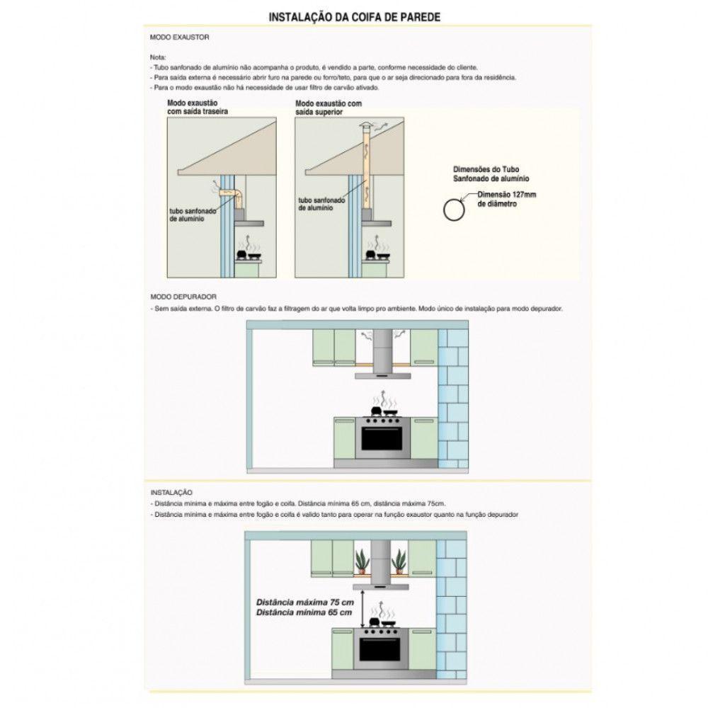 Coifa De Parede 80cm Vidro Curvo Duto Slim Inox 220v - 3
