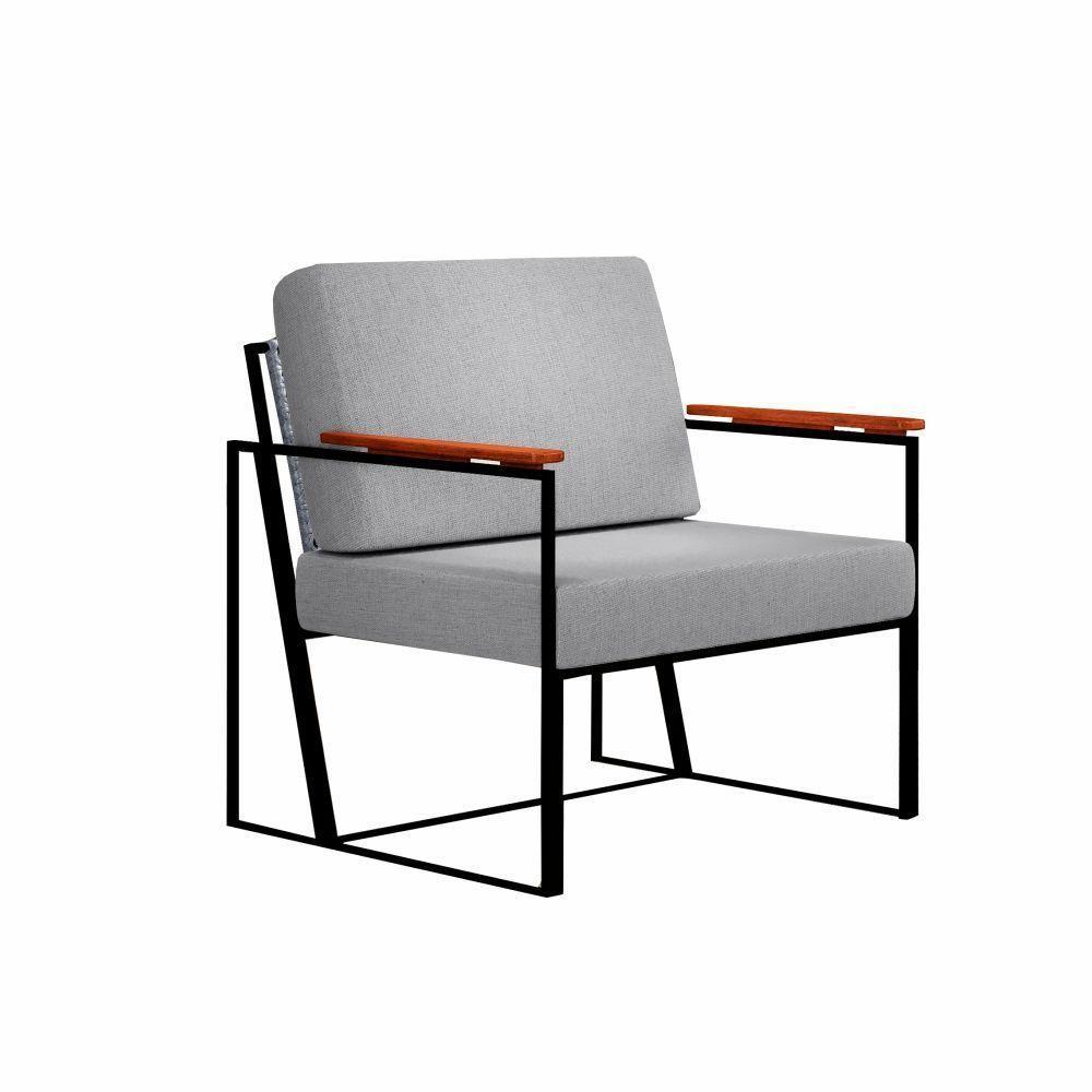 Poltrona Roma Cinza Com Rattan E Base Em Metal Preto - 1