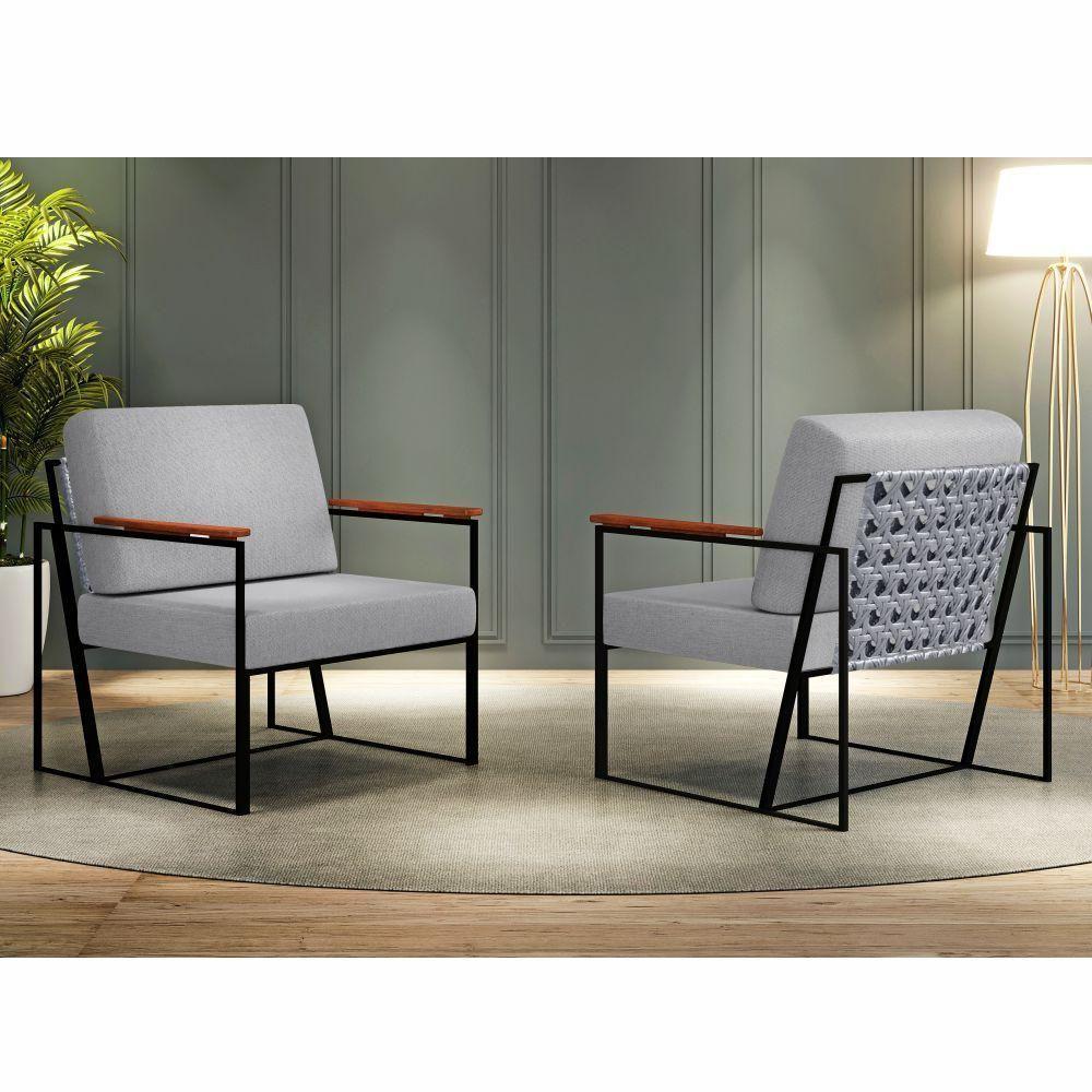 Poltrona Roma Cinza Com Rattan E Base Em Metal Preto - 5