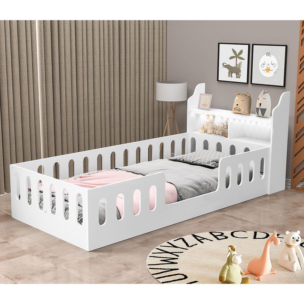 Cama Infantil Montessoriana Helo Solteiro Com Nicho E Led - Branca - Cor: Branco - 1