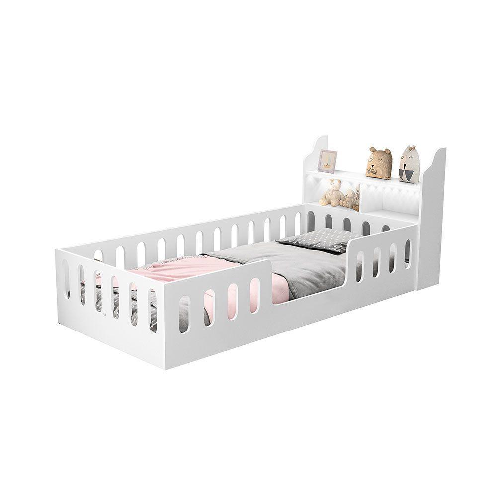 Cama Infantil Montessoriana Helo Solteiro Com Nicho E Led - Branca - Cor: Branco - 3