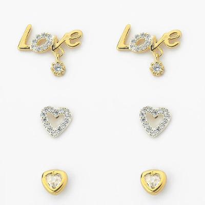 Kit Trio De Brinco Love Cravejado Zircônia Banhado Ouro 18k Cristal