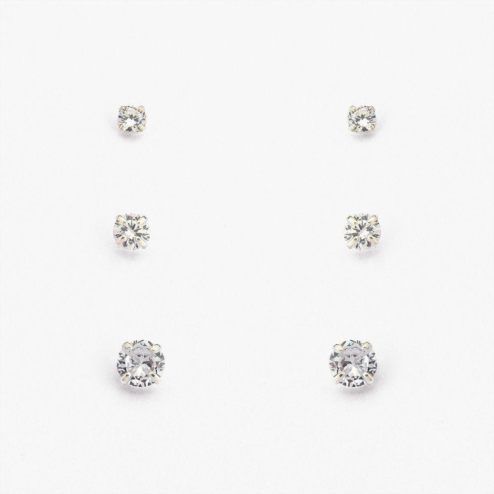 Kit 3 Pares Brinco Cravejada Com Zircônia Prata 925 - Cristal - 1