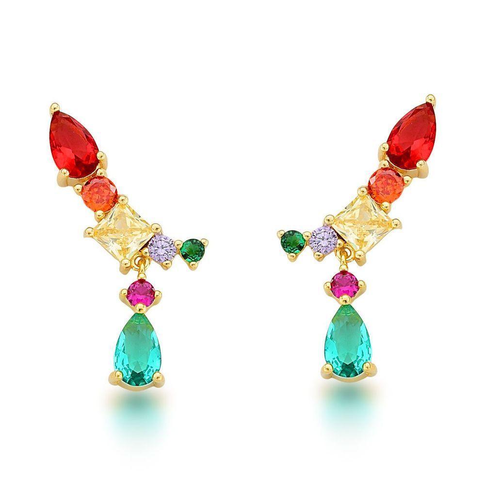 Brinco Earcuff Com Gota Verde Banhado A Ouro 18k - Verde Claro - 1