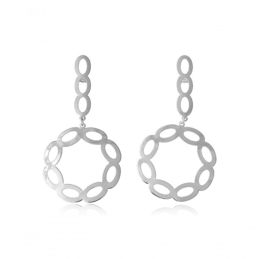 Brinco Com Fio E Círculo Com Arcos Folheado Em Ródio Branco - 1