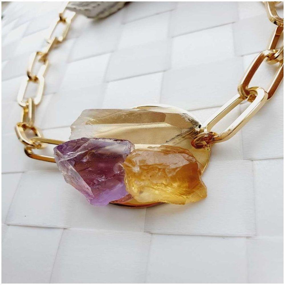 Colar Dourado Com Pingente De Pedras Naturais - 5