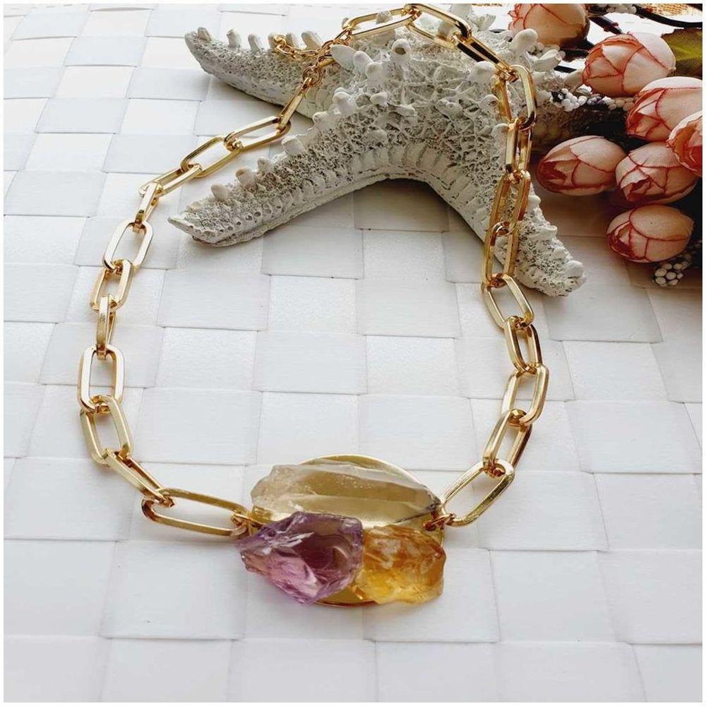 Colar Dourado Com Pingente De Pedras Naturais - 7