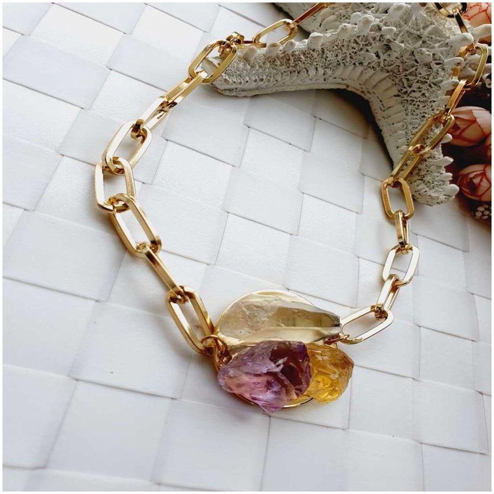 Colar Dourado Com Pingente De Pedras Naturais - 8