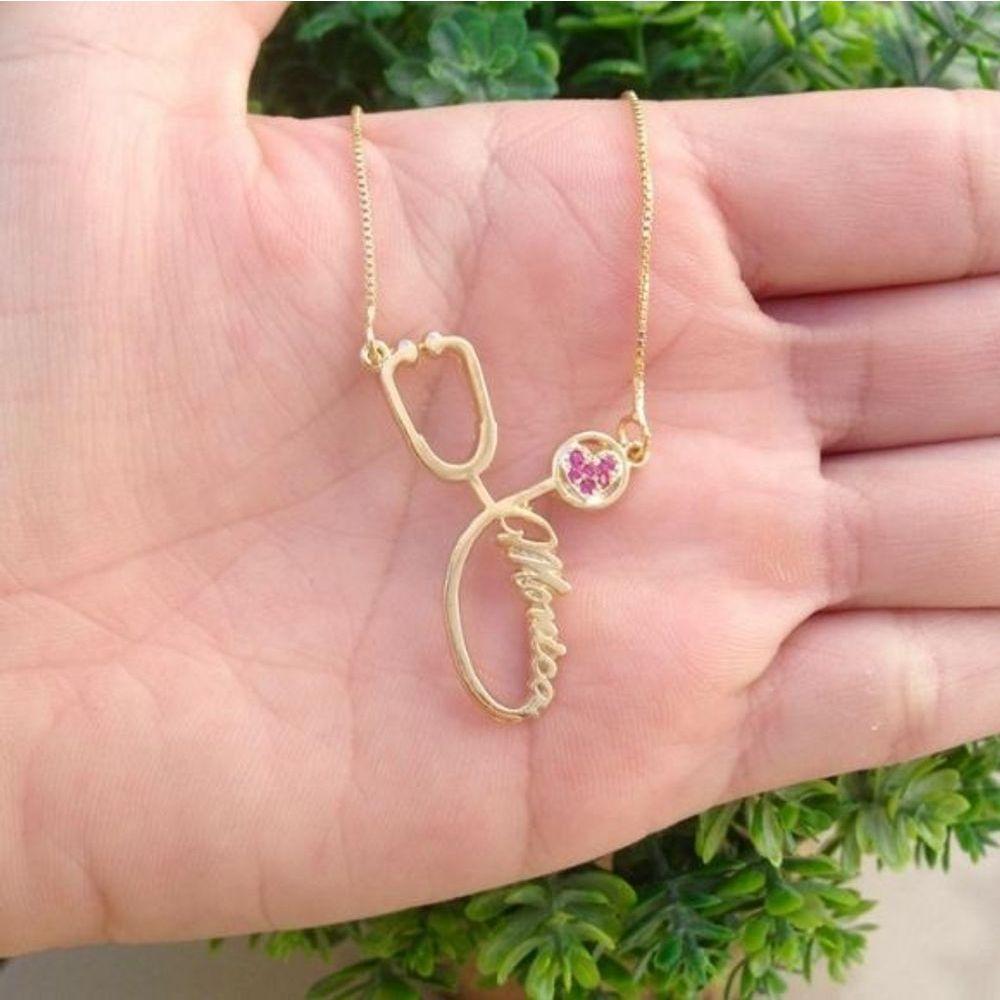 Gargantilha Estetoscópio Enfermagem Com Nome Banhado A Ouro - 1