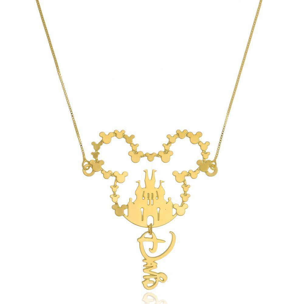 Colar Mickey Com Castelo No Meio E Nome Folheado Em Ouro 18k - 1