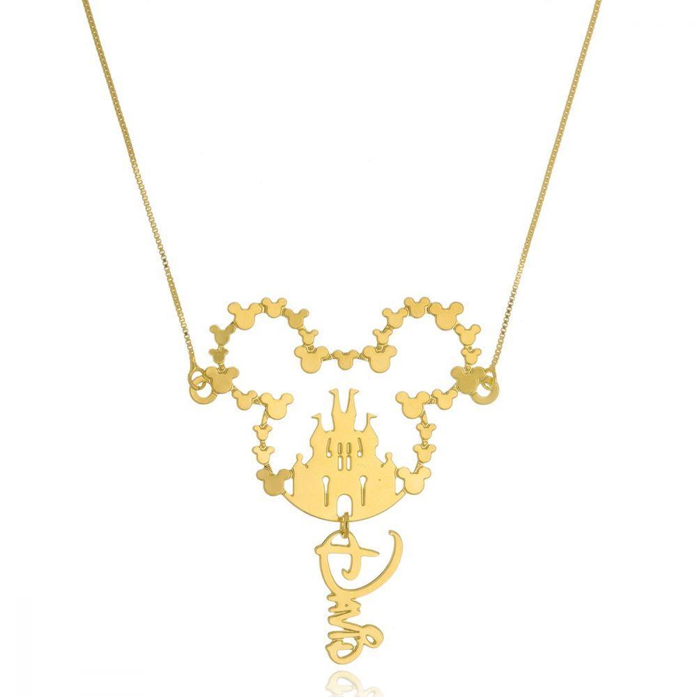 Colar Mickey Com Castelo No Meio E Nome Folheado Em Ouro 18k - 2