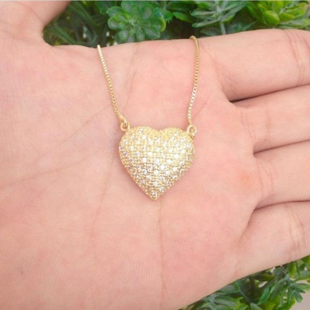 Gargantilha Coração 2mm Cravejada Banhado A Ouro - 1