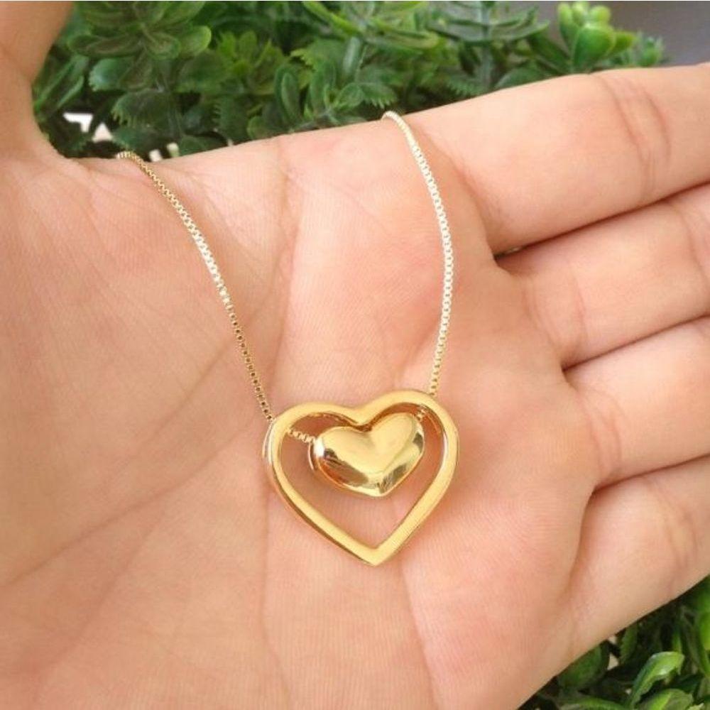 Gargantilha Com 2 Corações Banhado A Ouro 18k - 1