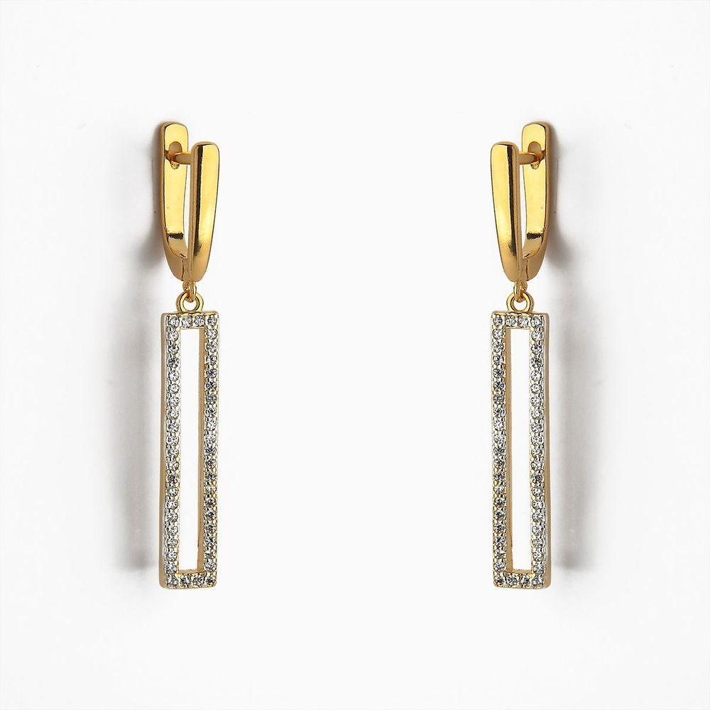 Brinco Longo Retangular Com Zircônia Banhado A Ouro - 1