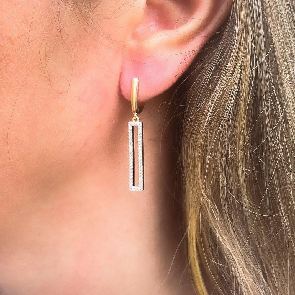 Brinco Longo Retangular Com Zircônia Banhado A Ouro - 8