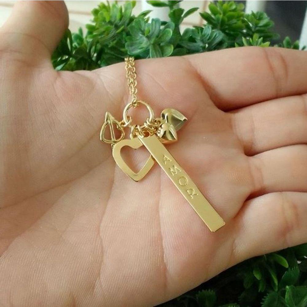 Gargantilha Amor Com Pingentes De Coração Banhado A Ouro 18k - 1