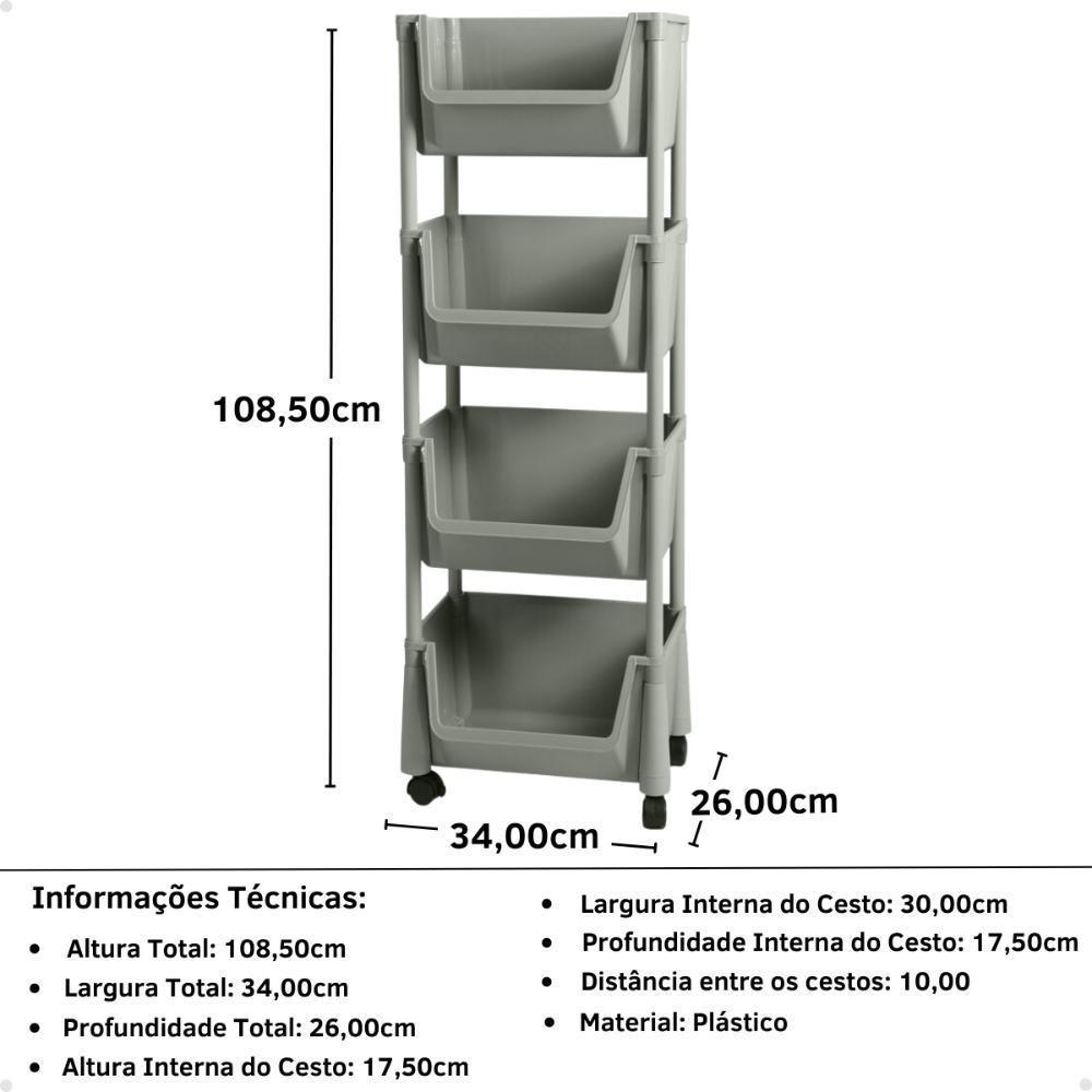 Carrinho Multiuso Organizador 4 Prateleiras Em Plástico Com Rodízio - Cinza - 4