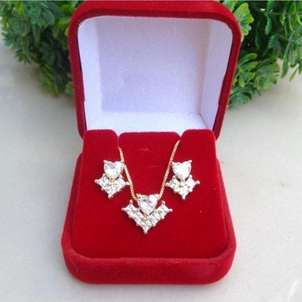 Conjunto Coração Cristal Com Detalhes Banhado A Ouro - 1