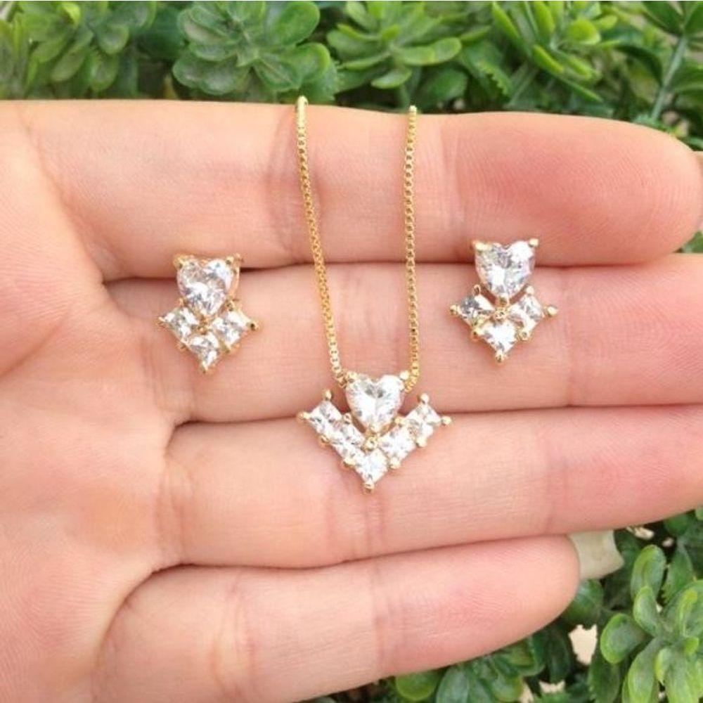 Conjunto Coração Cristal Com Detalhes Banhado A Ouro - 2