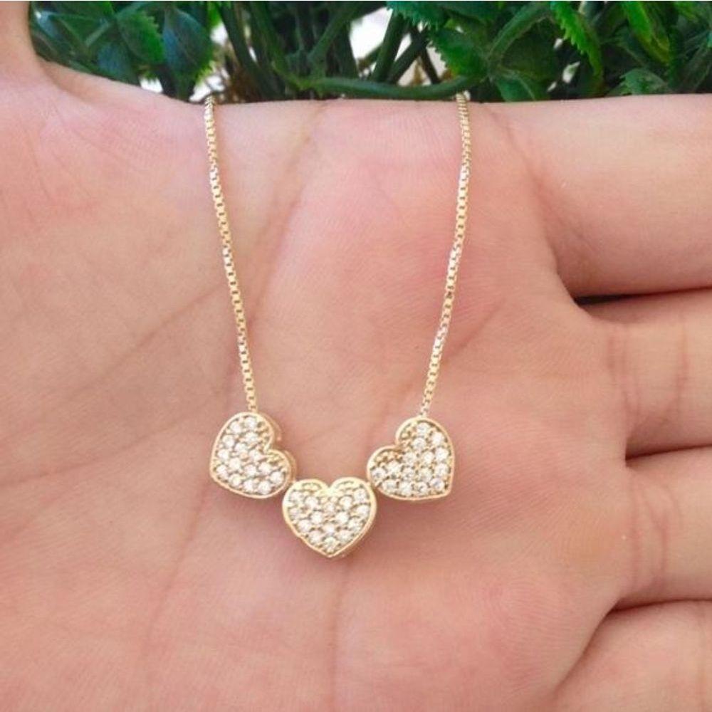 Gargantilha Três Corações Cravejados Banhado A Ouro - 1
