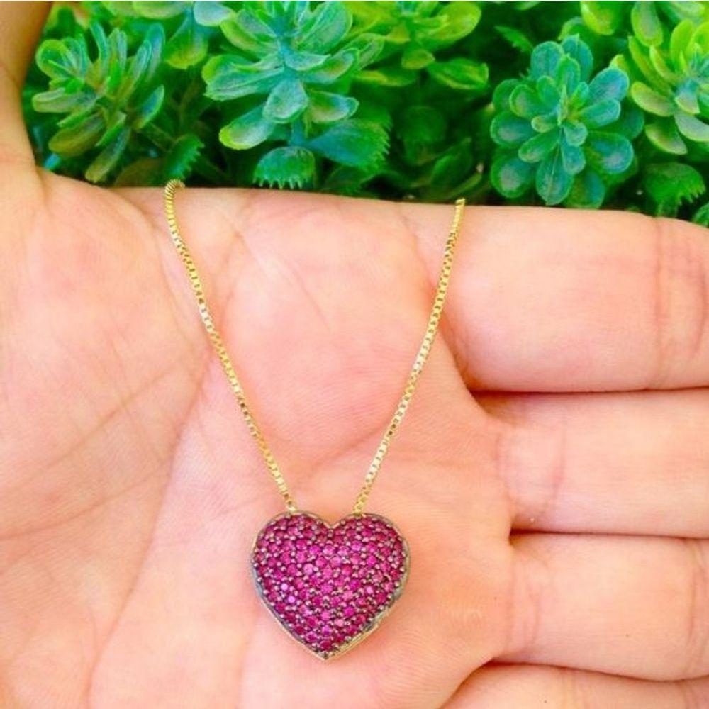 Gargantilha Colar Coração Rubi Cravejado Banhado A Ouro - 1