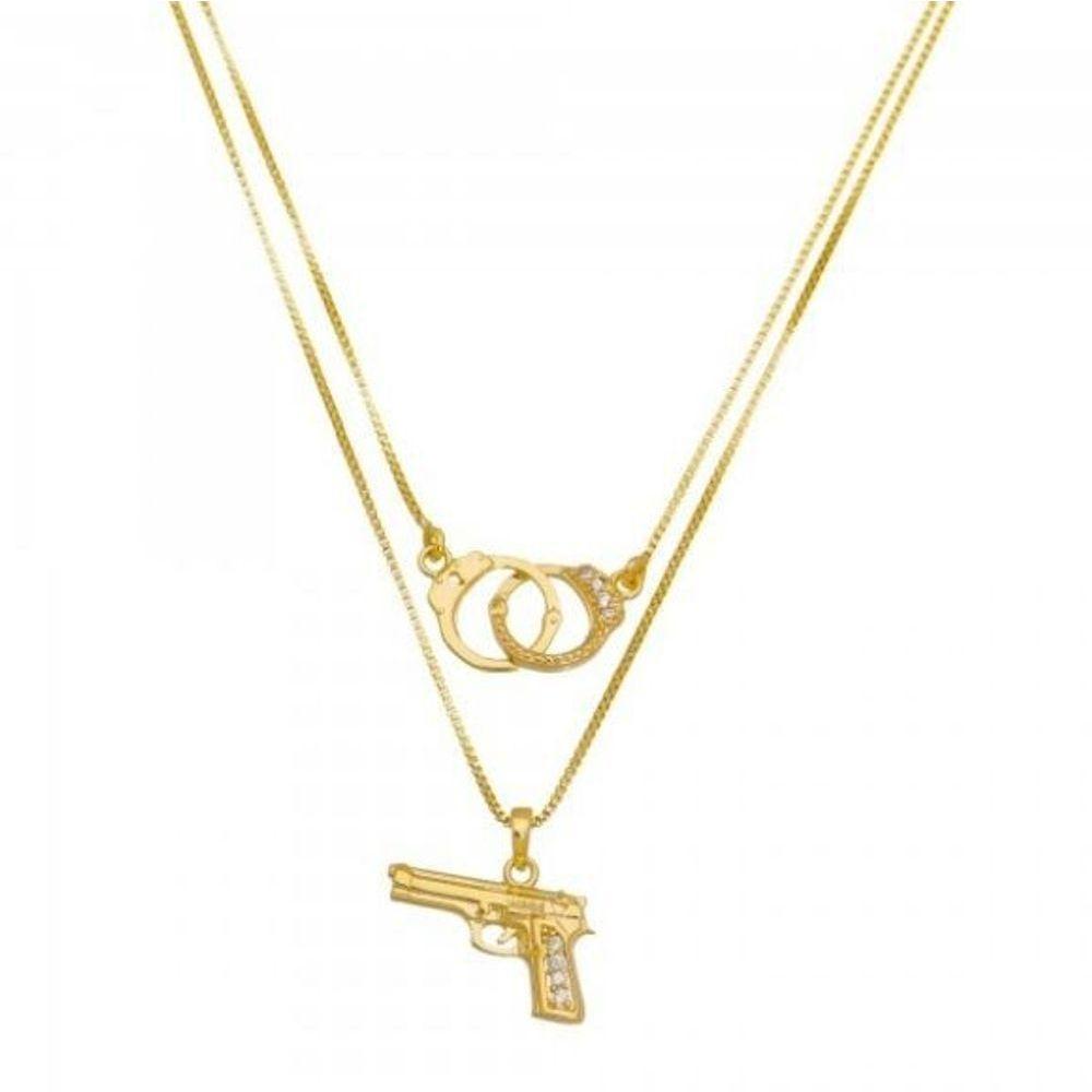 Gargantilha Dupla Pistola Algema Banho De Ouro, Cravejado - 1