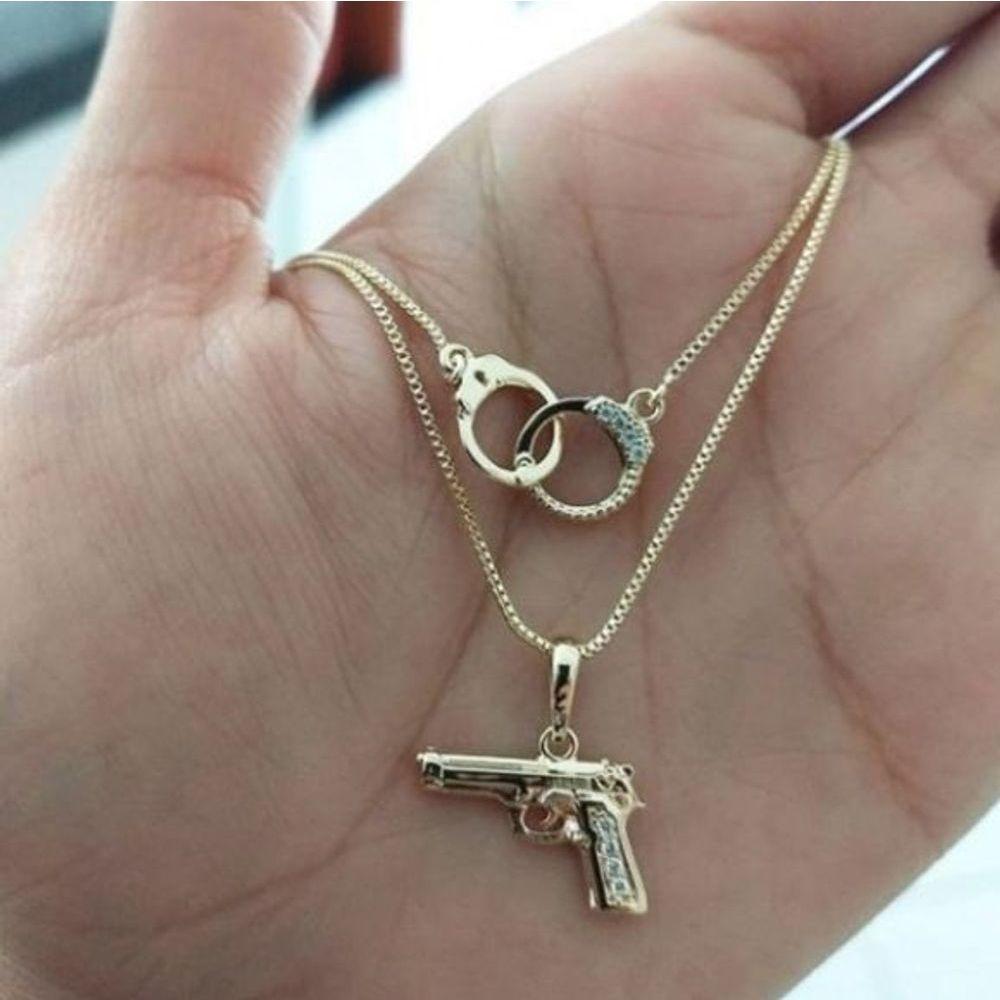 Gargantilha Dupla Pistola Algema Banho De Ouro, Cravejado - 2