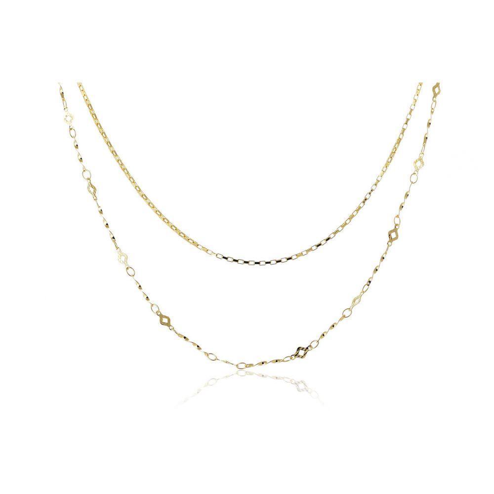 Colar Duplo Corrente Lisa Corrente Trabalhada Folheado Ouro - 1