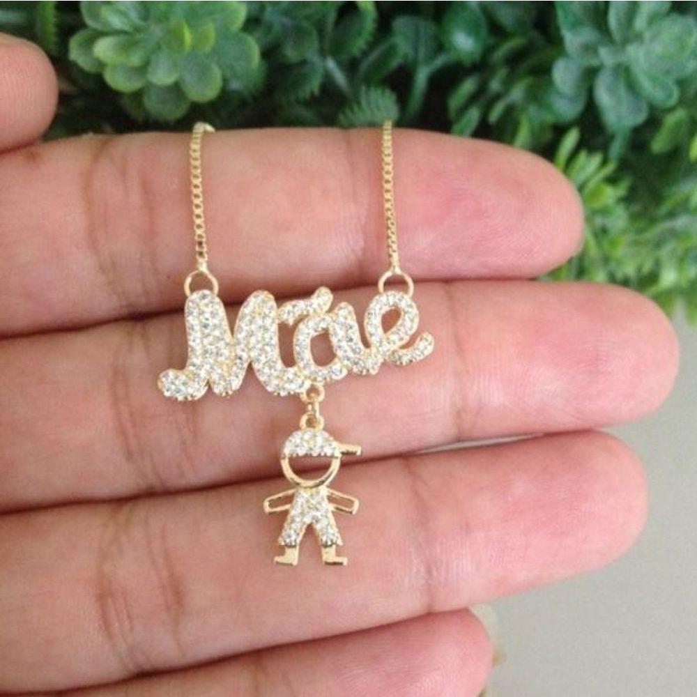 Gargantilha Mãe Com 1 Filho(a) Ou 2 Filhos (as) Cravejado Banhado A Ouro 18k - 1
