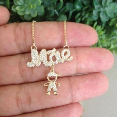 Gargantilha Mãe Com 1 Filho(a) Ou 2 Filhos (as) Cravejado Banhado A Ouro 18k