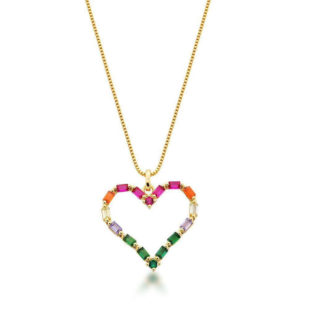 Conjunto Colar E Brincos Coração Vazado Colorido Banhado A Ouro 18k - 45cm - 4