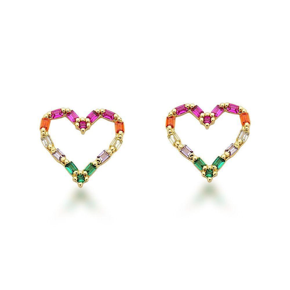 Conjunto Colar E Brincos Coração Vazado Colorido Banhado A Ouro 18k - 45cm - 5