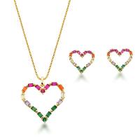 Conjunto Colar E Brincos Coração Vazado Colorido Banhado A Ouro 18k - 45cm - 1
