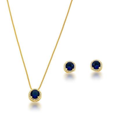 Conjunto Colar E Brincos Com Ponto De Luz Azul Banhado A Ouro 18k - Azul