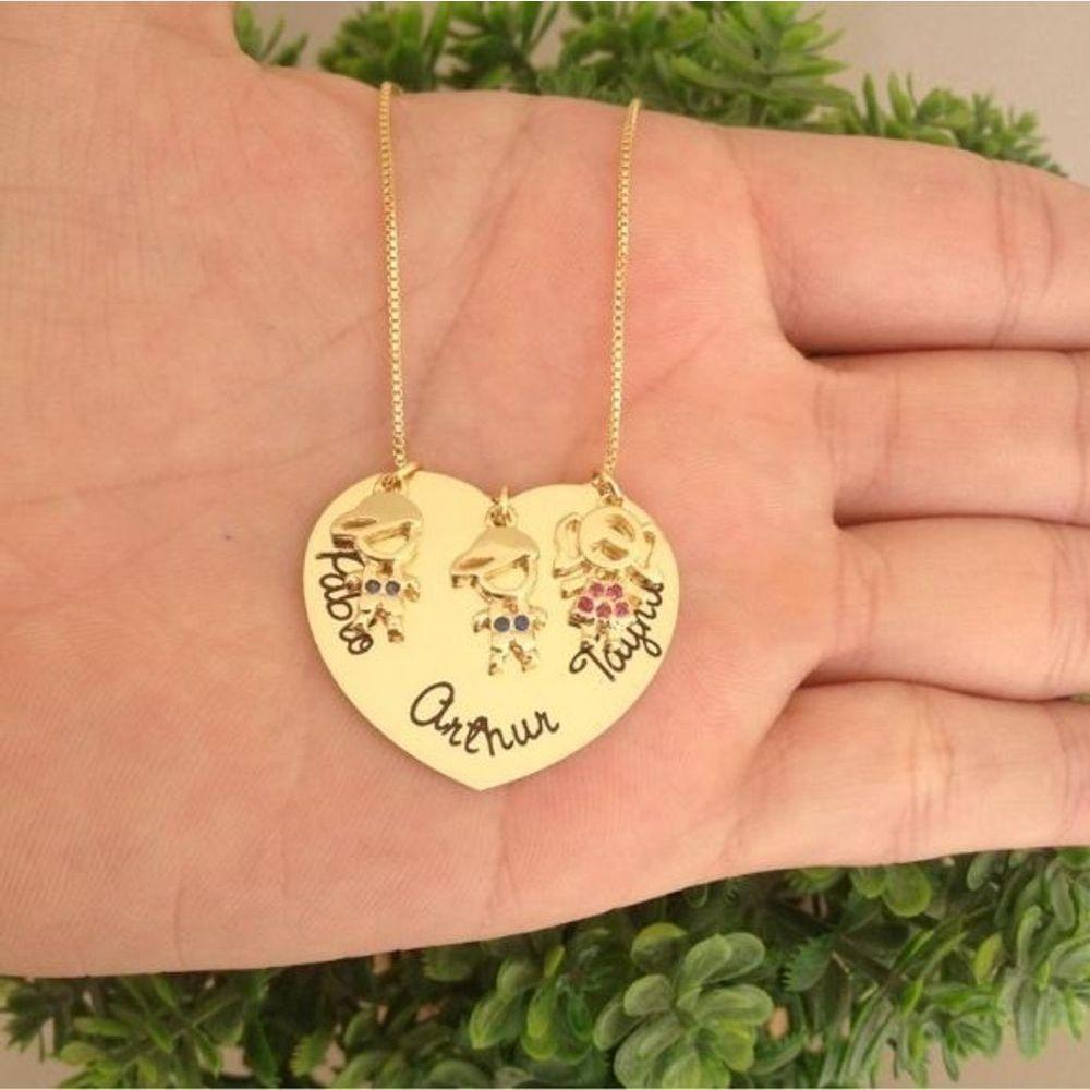 Gargantilha Coração Personalizado E Pingente Filhos (as) Banhado A Ouro 18k - 3