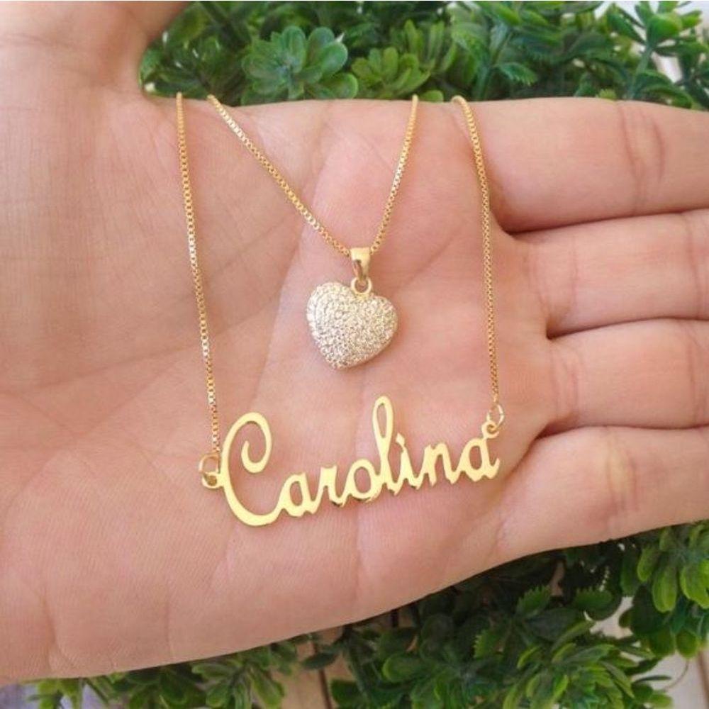 Gargantilha Dupla Manuscrito E Coração Cravejado Banhado A Ouro - 1