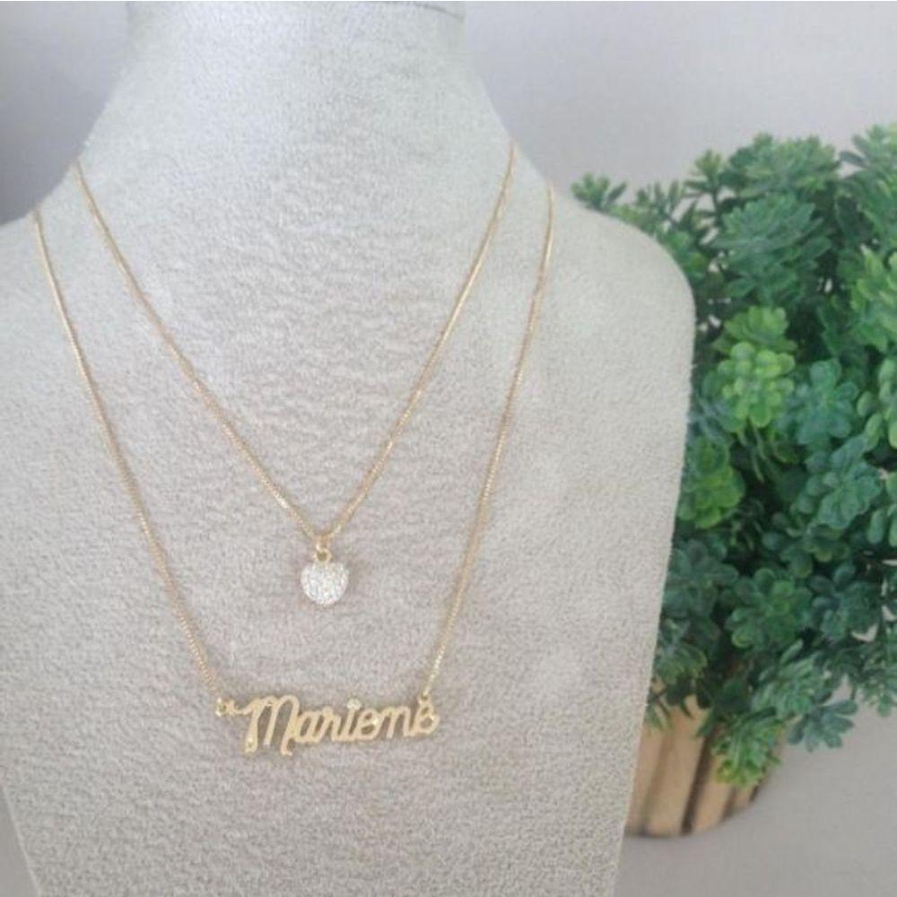 Gargantilha Dupla Manuscrito E Coração Cravejado Banhado A Ouro - 2