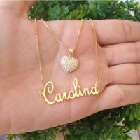 Gargantilha Dupla Manuscrito E Coração Cravejado Banhado A Ouro - 1