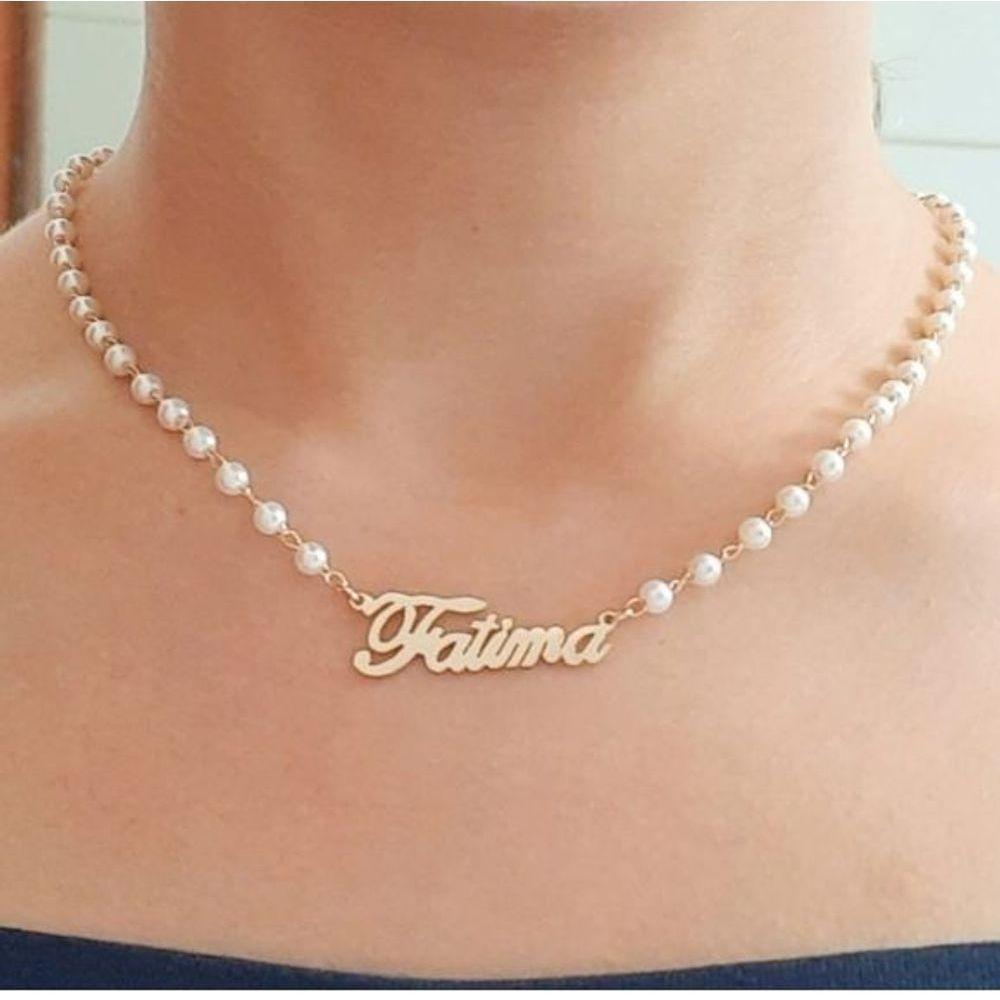 Gargantilha Manuscrito Corrente Perola Banhada A Ouro 18k - 3