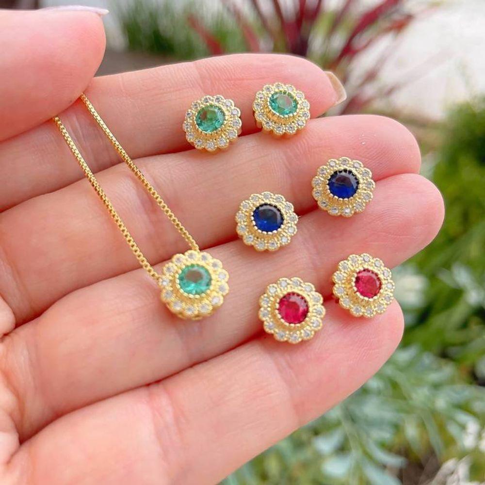 Conjunto Colar E Brincos Ponto De Luz Verde Banhado A Ouro 18k - Verde - 4