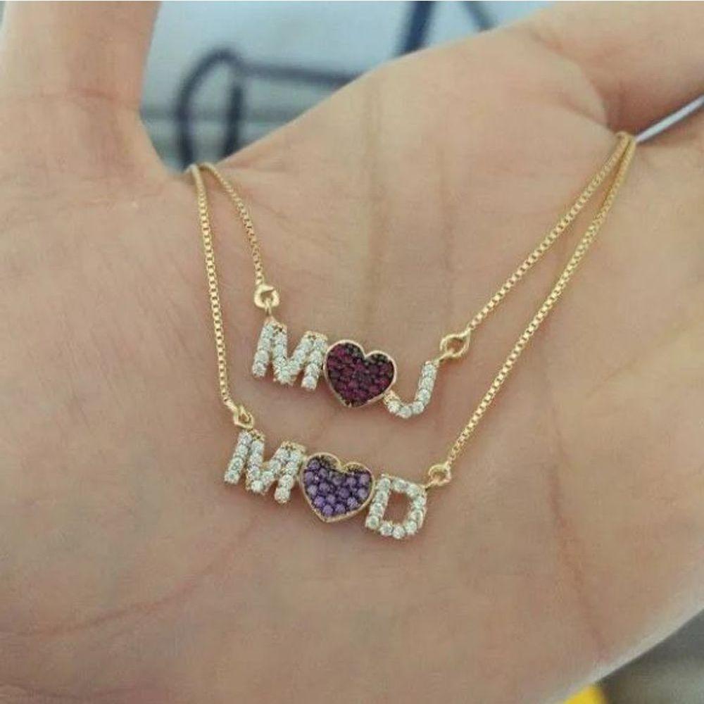 Gargantilha Iniciais Com Coração Cravejado De Zircônias Banhado A Ouro - 1