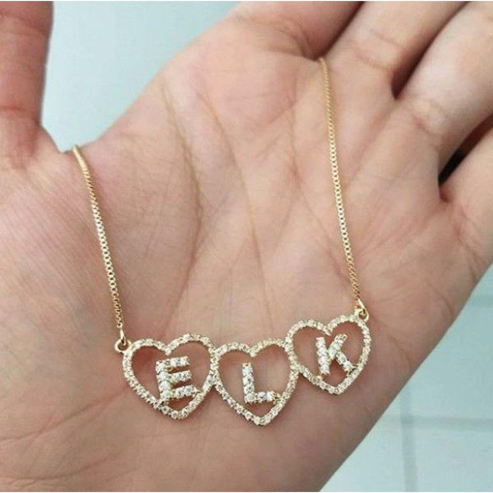 Gargantilha Corações Com Iniciais Cravejados Com Zircônias Banhado A Ouro 18k - 2