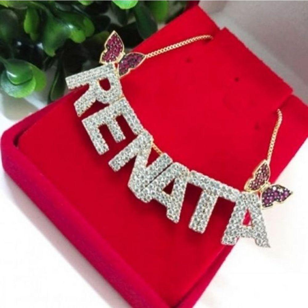 Gargantilha Nome Cravejado Com Zircônias E Borboletas Banhado A Ouro - 1