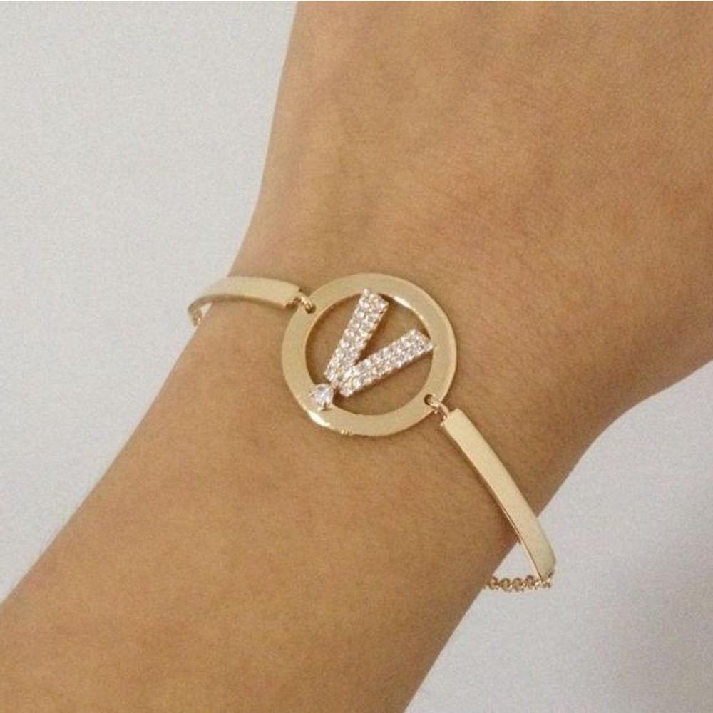 Pulseira Inicial Letra Cravejada Personalizada Banhado A Ouro - 1