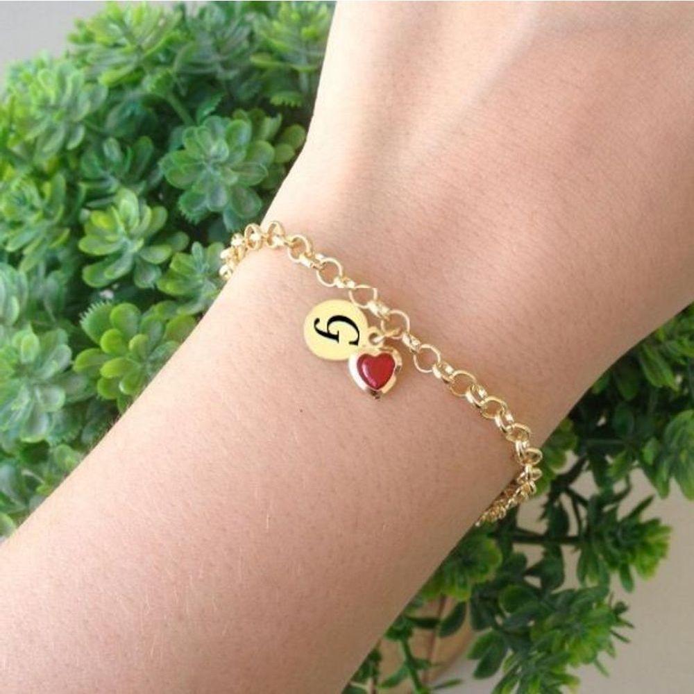 Pulseira Elo Portugues Com Letra E Coração Pendurado Banhado - 1